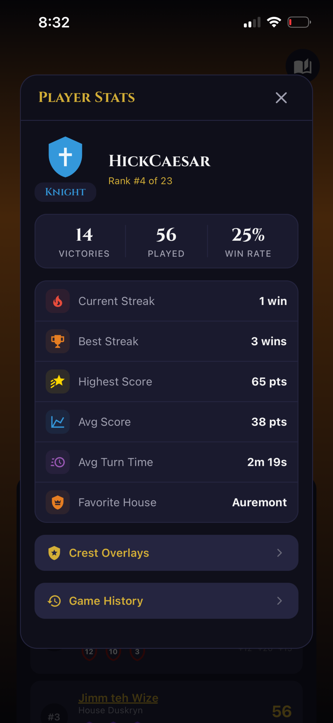 Detailed player statistics modal