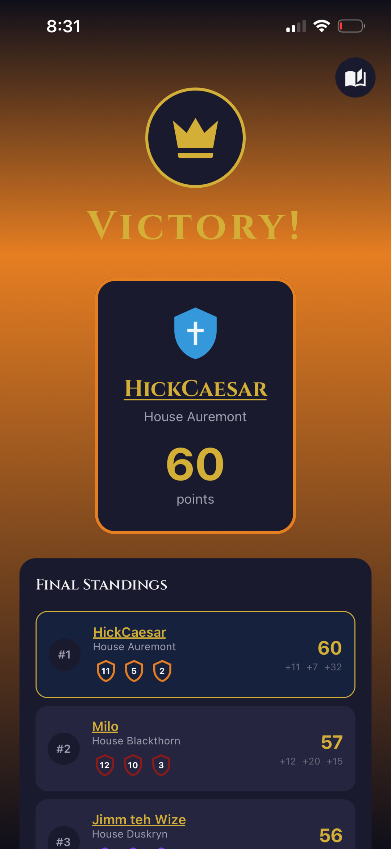 Victory and final standings screen