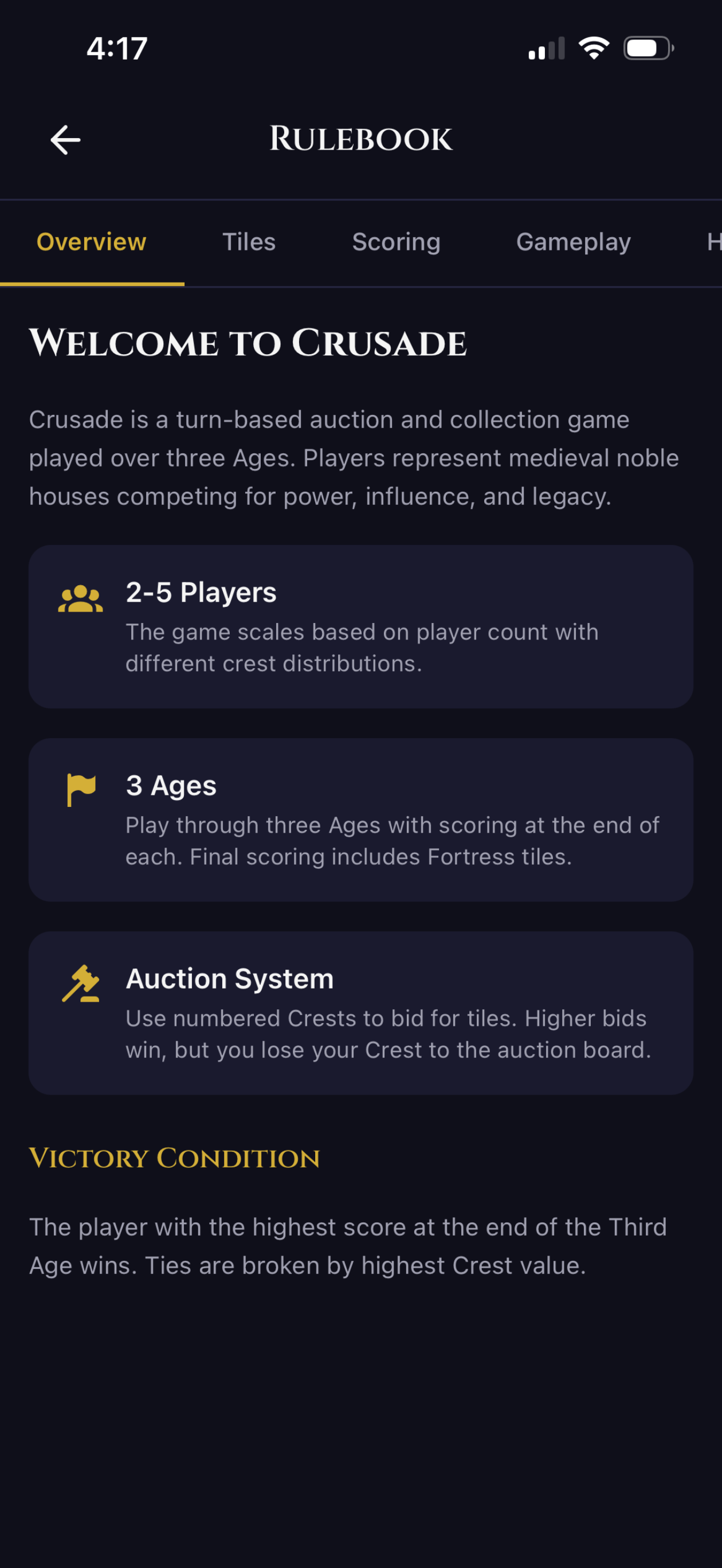 In-app rulebook overview